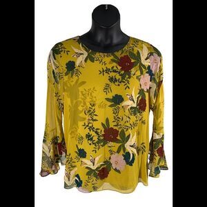 Vince Camuto Long Flutter Sleeve Autumn Botanic Blouse Manor Yellow - Regular